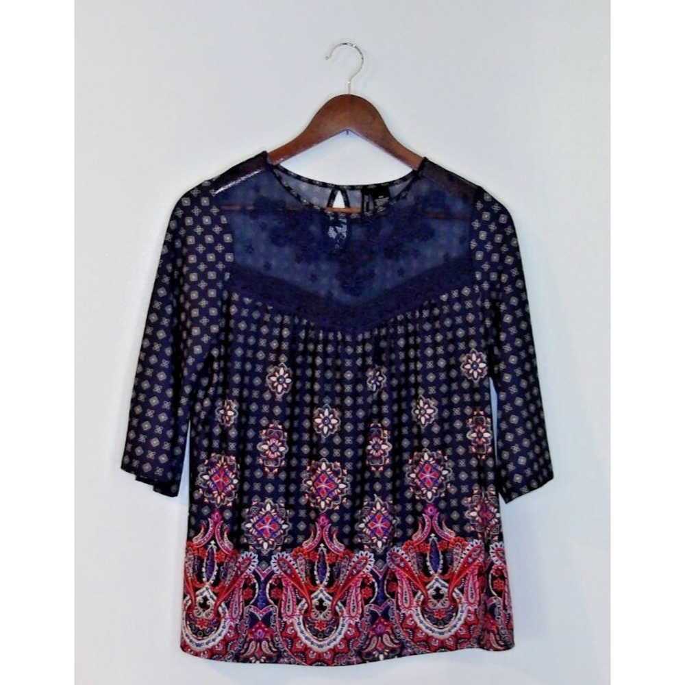 New Directions Shirt Blue Lace Floral Print Shirt / Size‎ MP Blouse /#5108